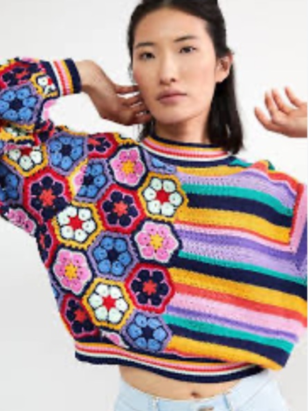 FARM Rio Rainbow Crochet Squares Sweater Floral Stripe Rainbow Knit Size S